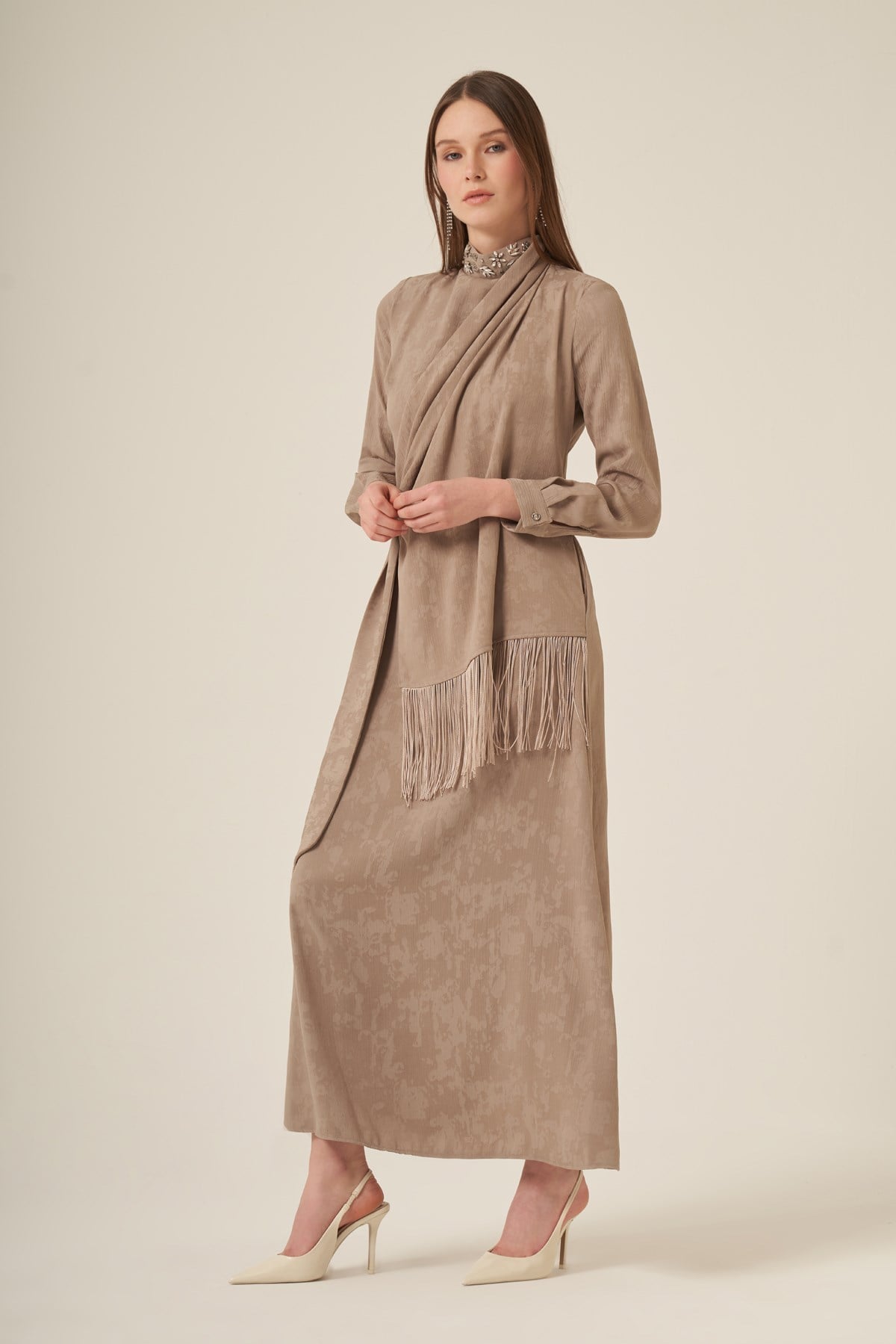Firoy Kadın Jakar Elbise  Beige
