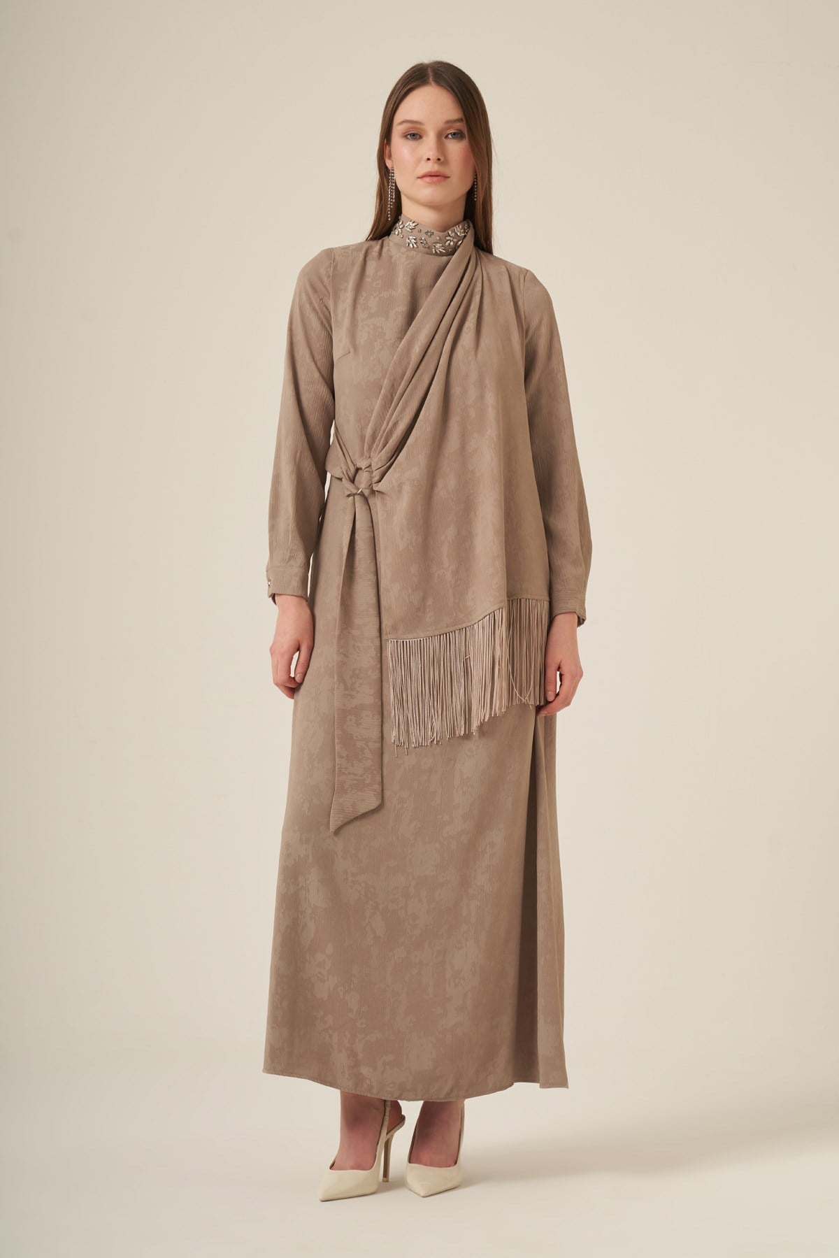 Firoy Kadın Jakar Elbise  Beige