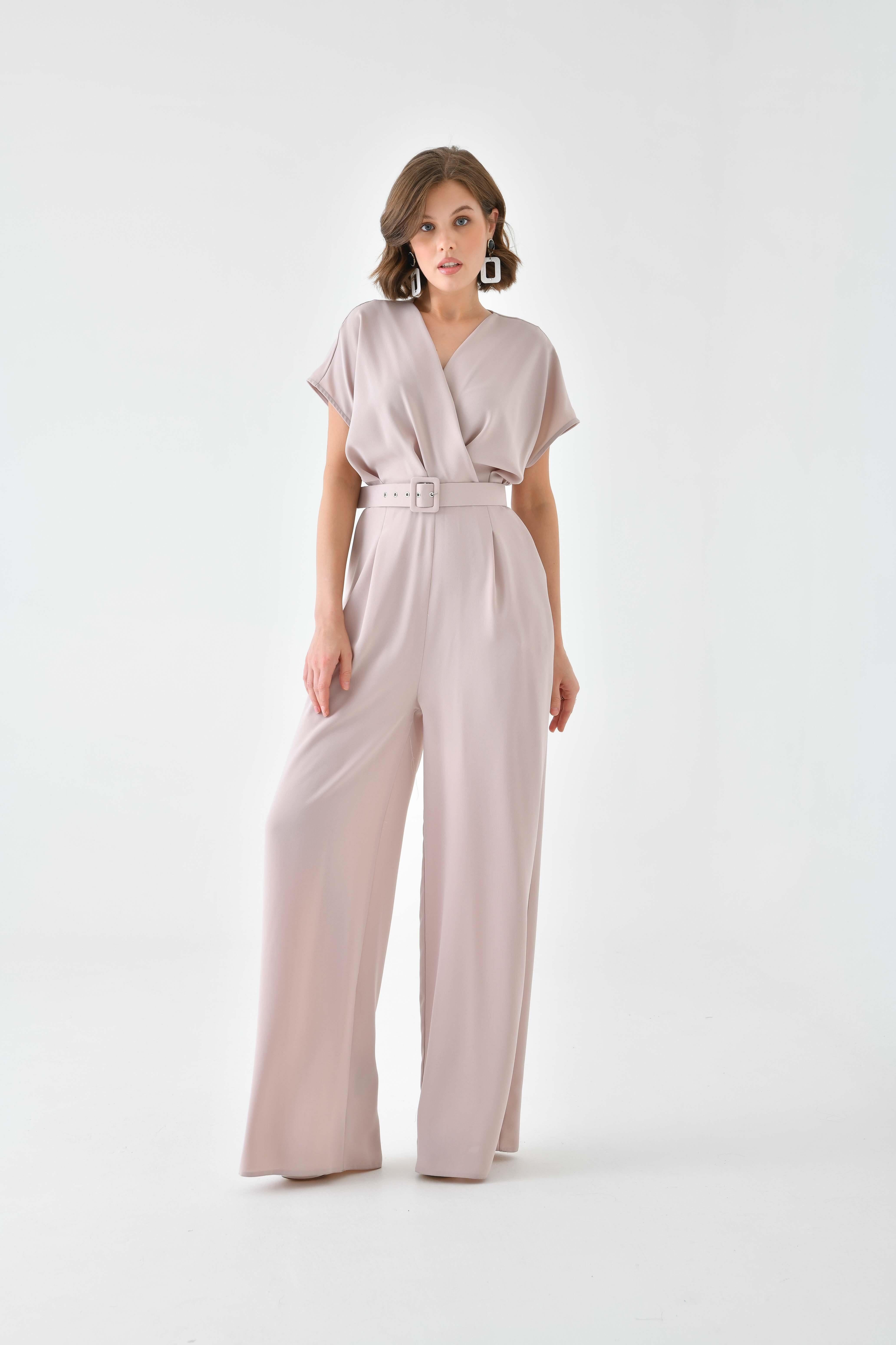 Firoy Kadın Kemerli Tulum  Beige