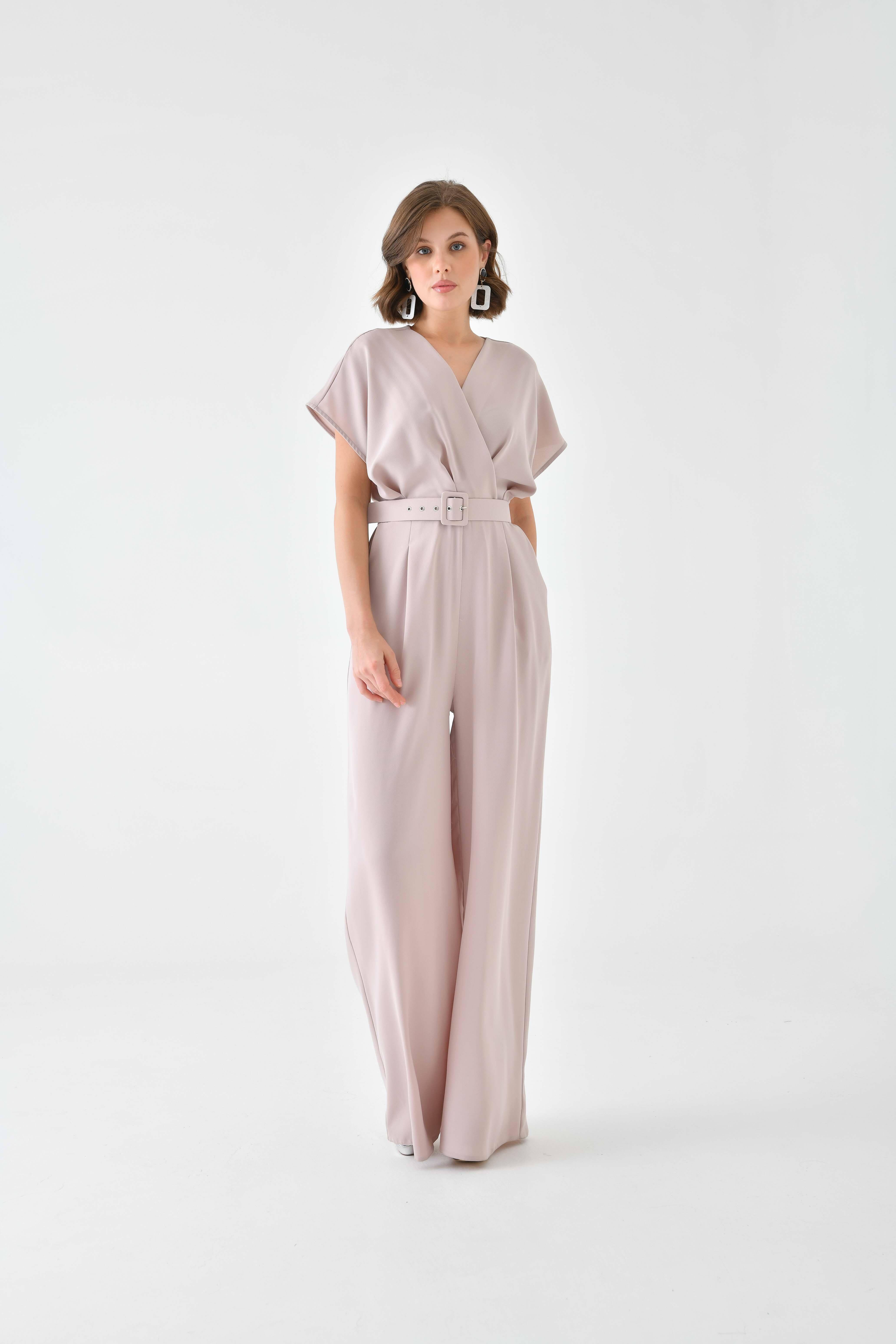 Firoy Kadın Kemerli Tulum  Beige