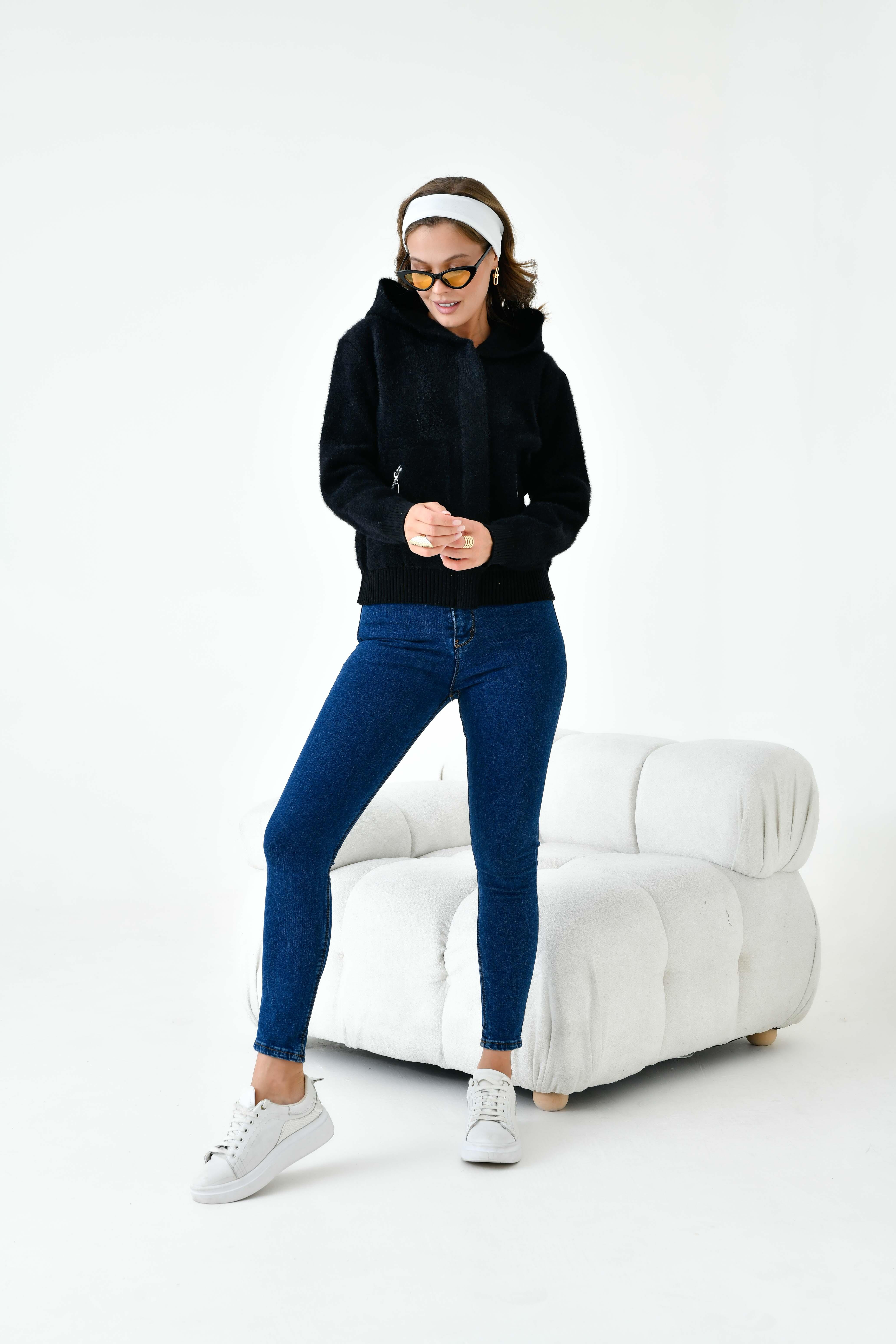 Firoy Kadın Kısa Cep Detaylı Hırka  Siyah