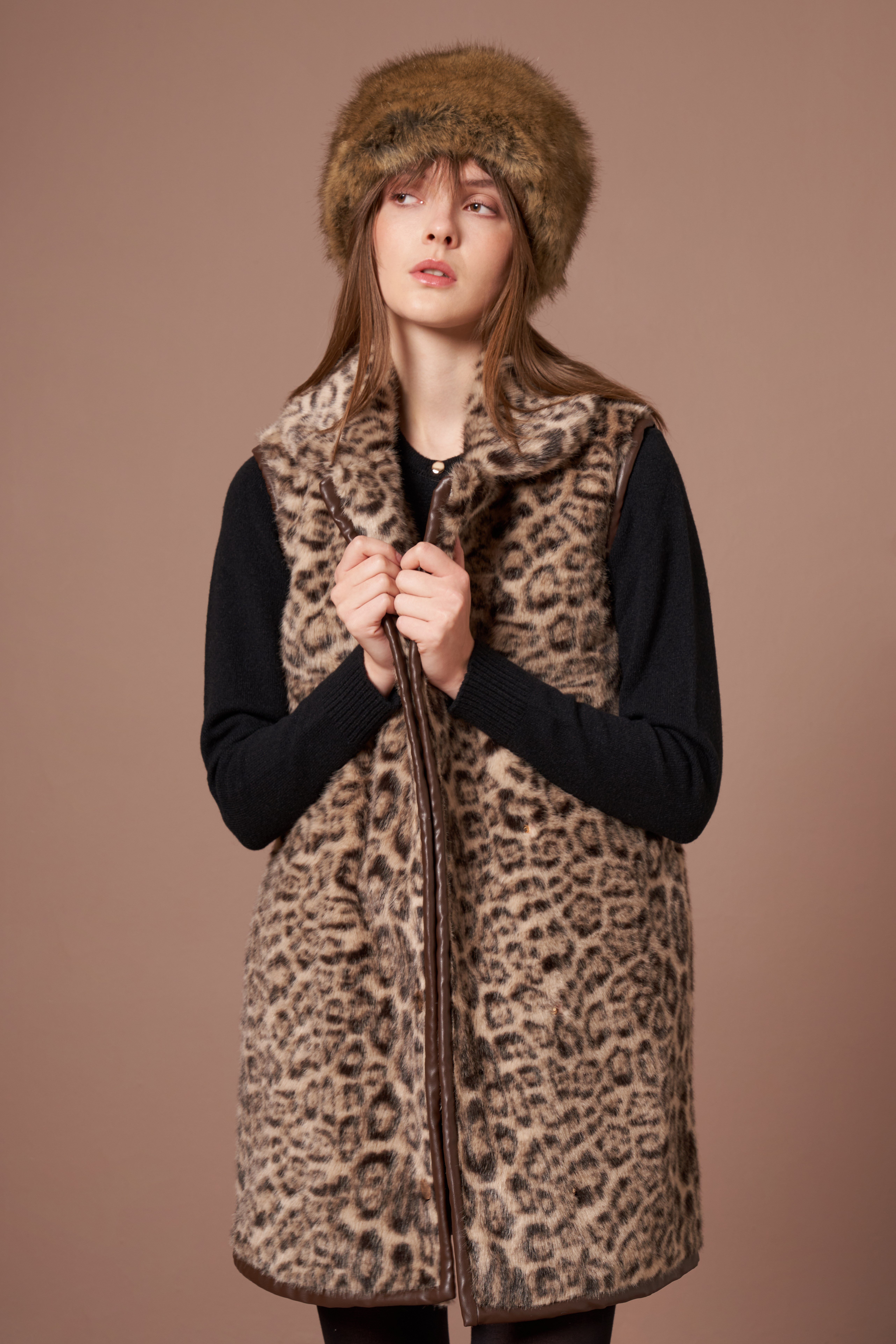 Firoy Kadın Leopar Yelek  Beige