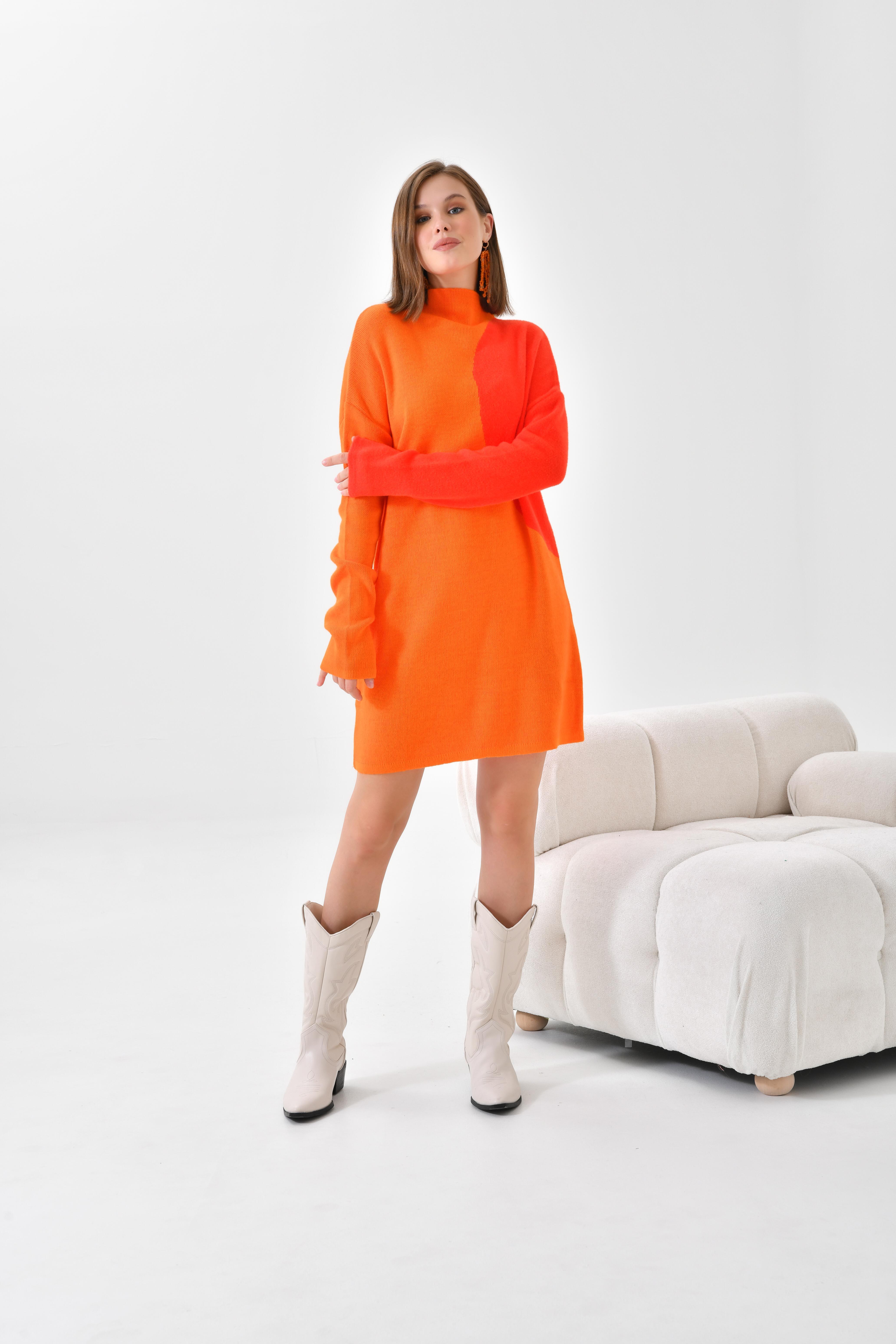 Firoy Kadın Oval Detaylı Tunik  Orange