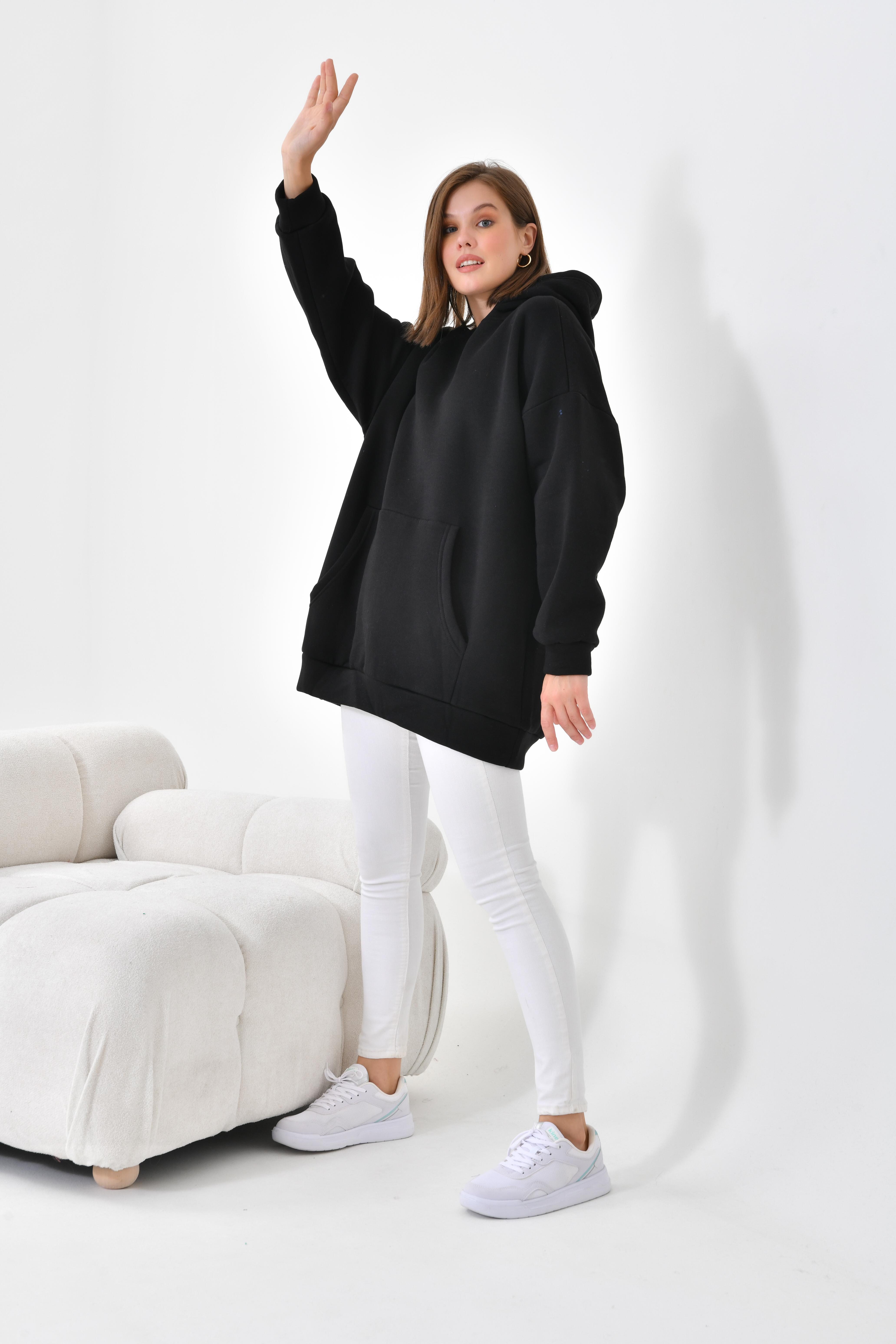 Firoy Kadın Oversize 3 İp Şardonlu Kapüşonlu Sweatshirt  Siyah