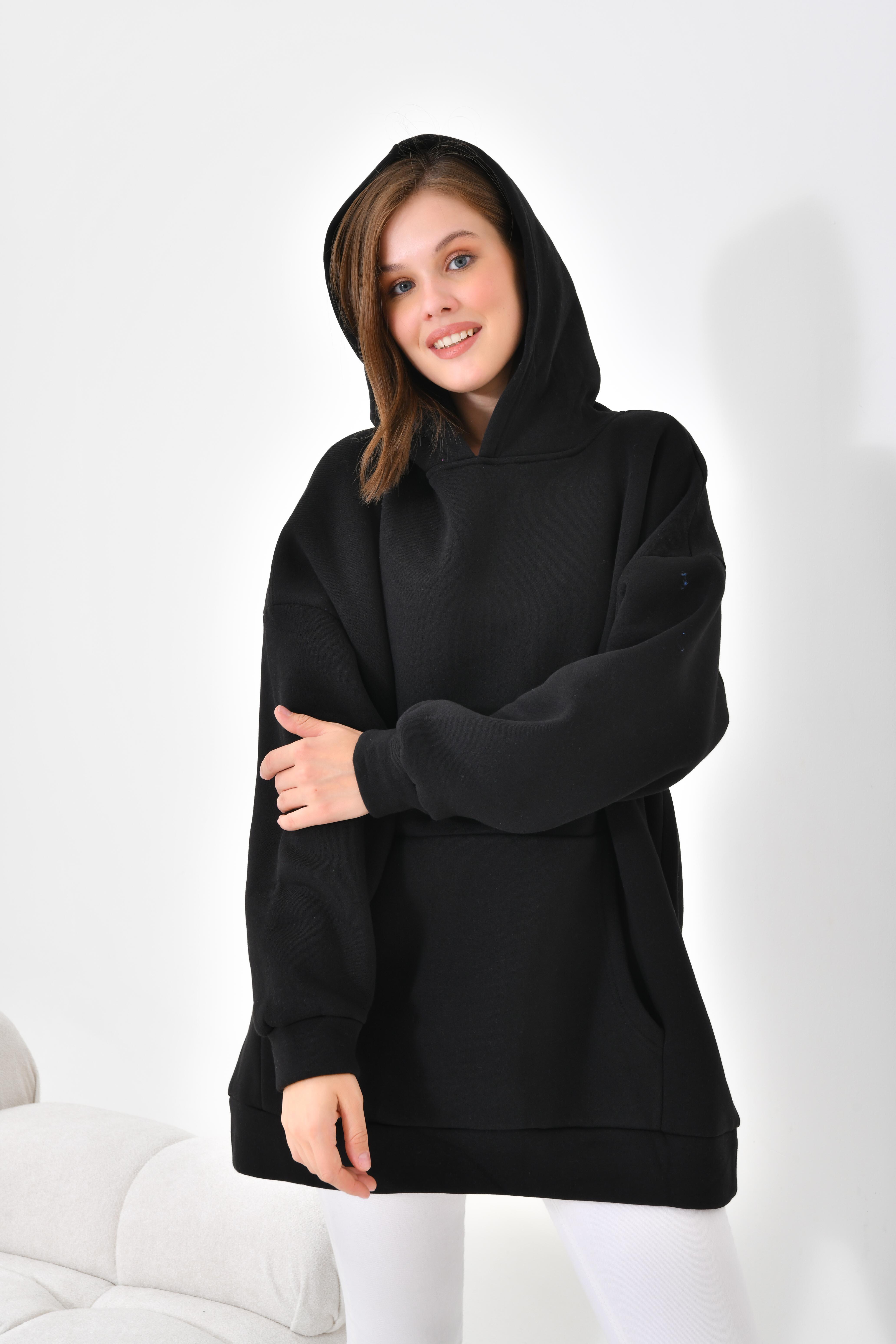 Firoy Kadın Oversize 3 İp Şardonlu Kapüşonlu Sweatshirt  Siyah
