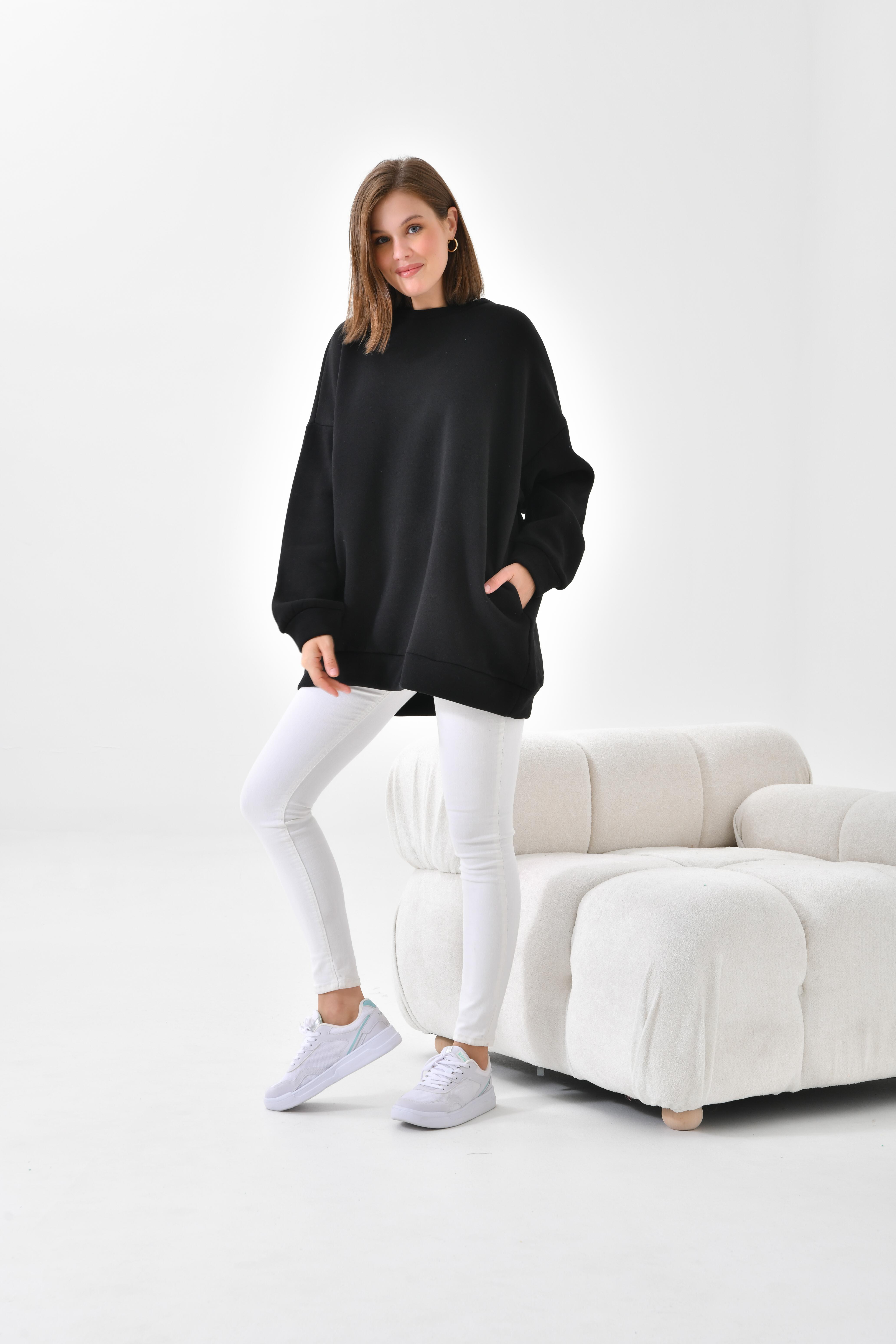 Firoy Kadın Oversize 3 İp Şardonlu Sweatshirt  Siyah