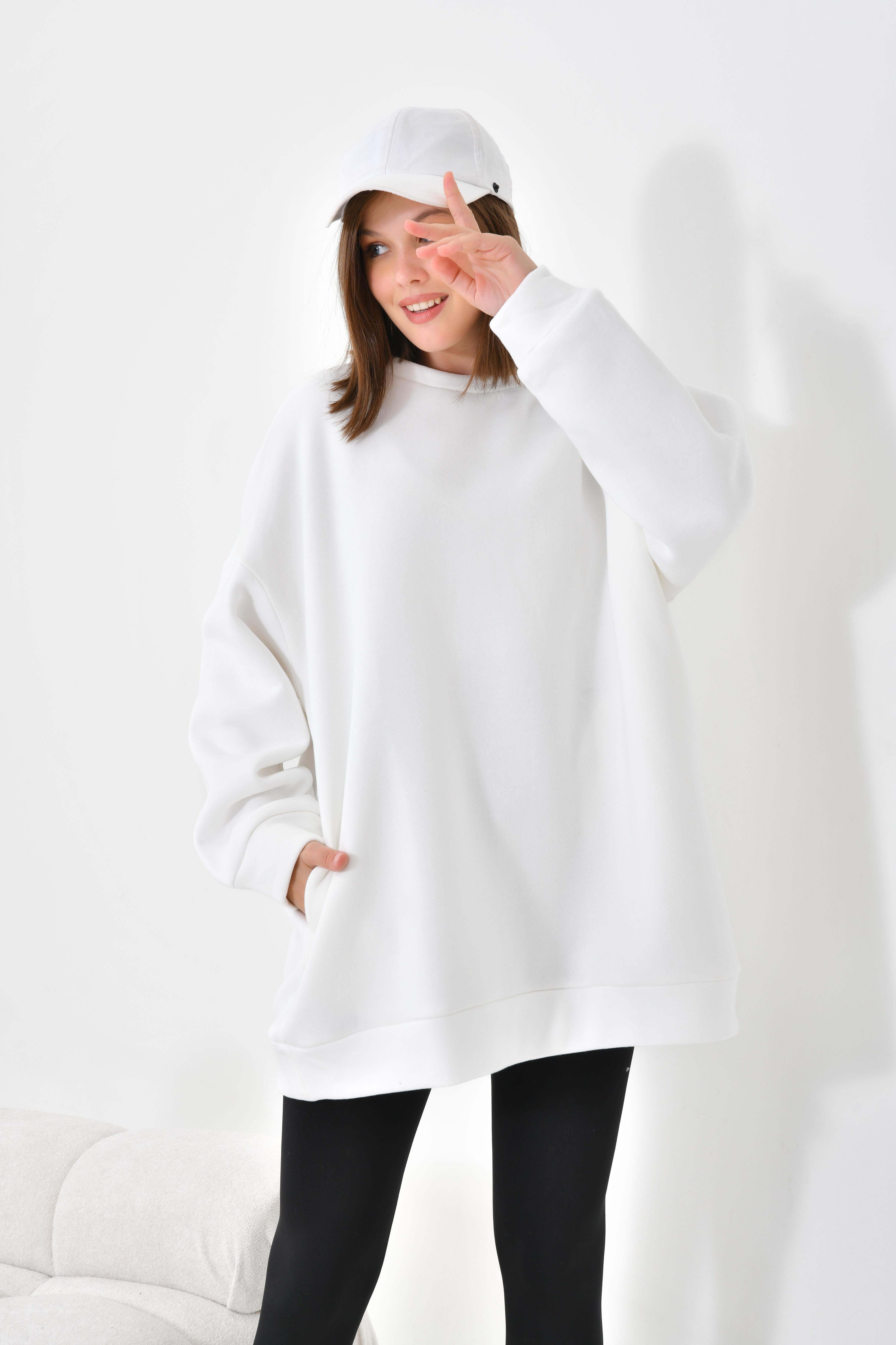 Firoy Kadın Oversize 3 İp Şardonlu Sweatshirt  Ekru