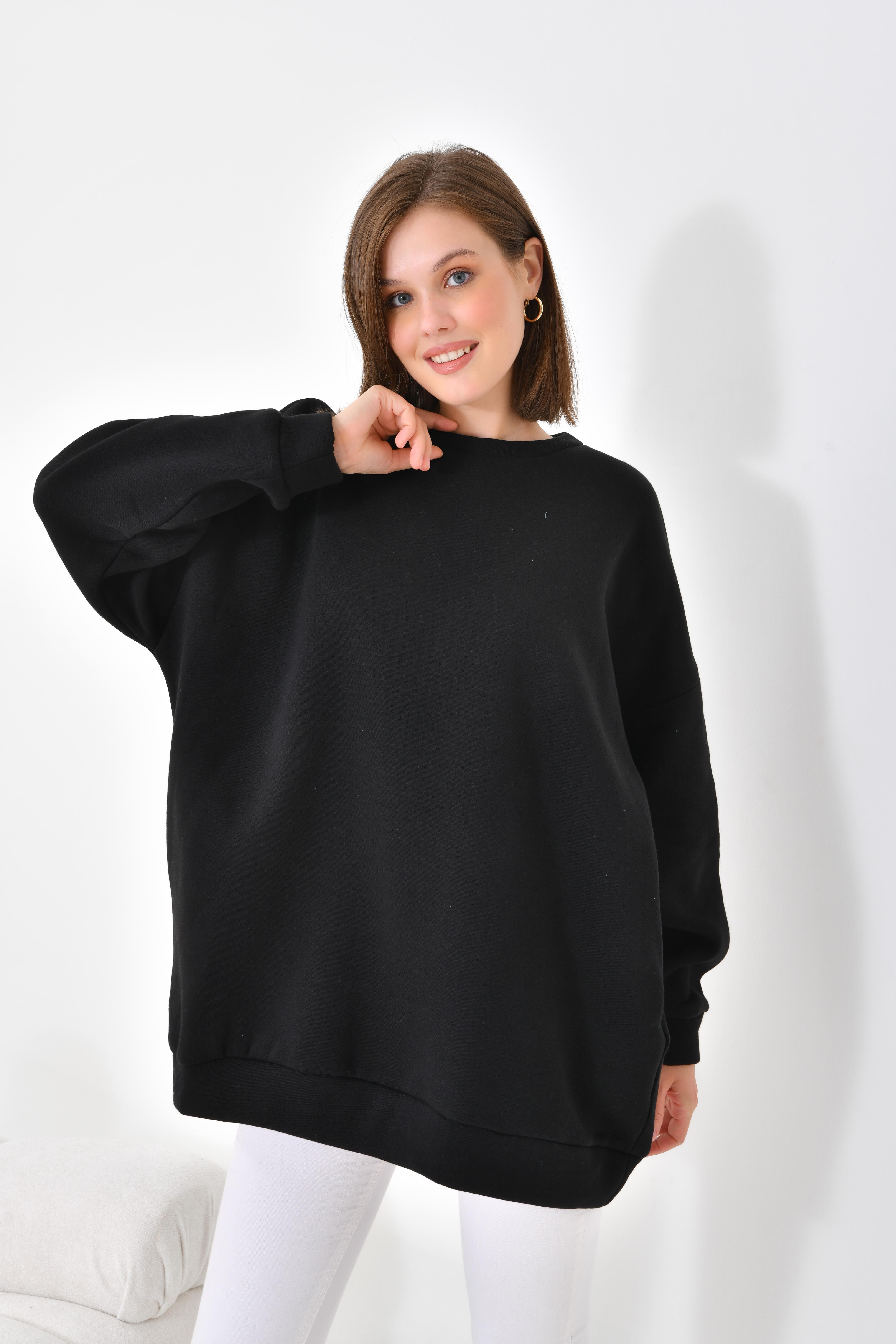 Firoy Kadın Oversize 3 İp Şardonlu Sweatshirt  Siyah