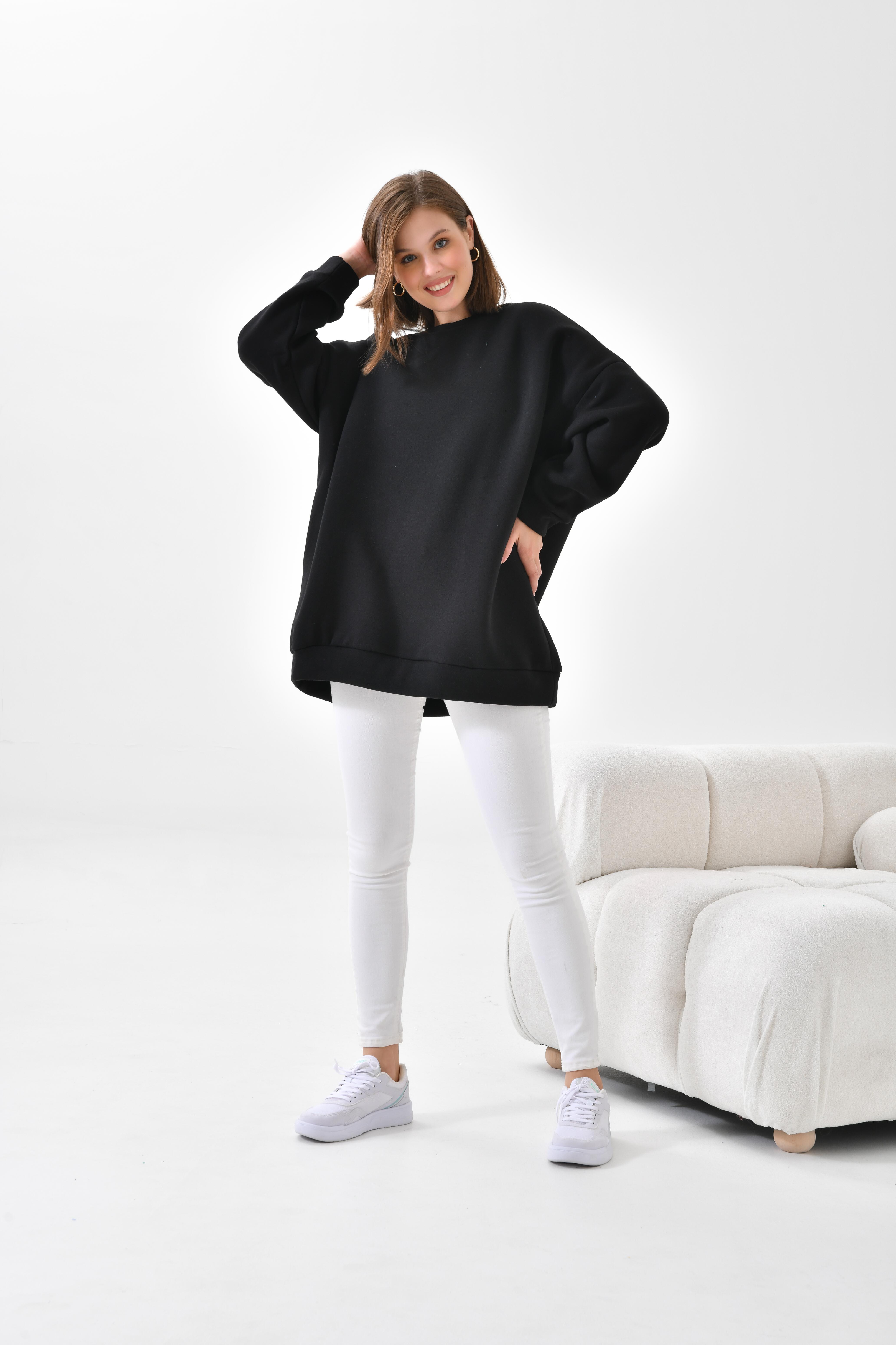 Firoy Kadın Oversize 3 İp Şardonlu Sweatshirt  Siyah