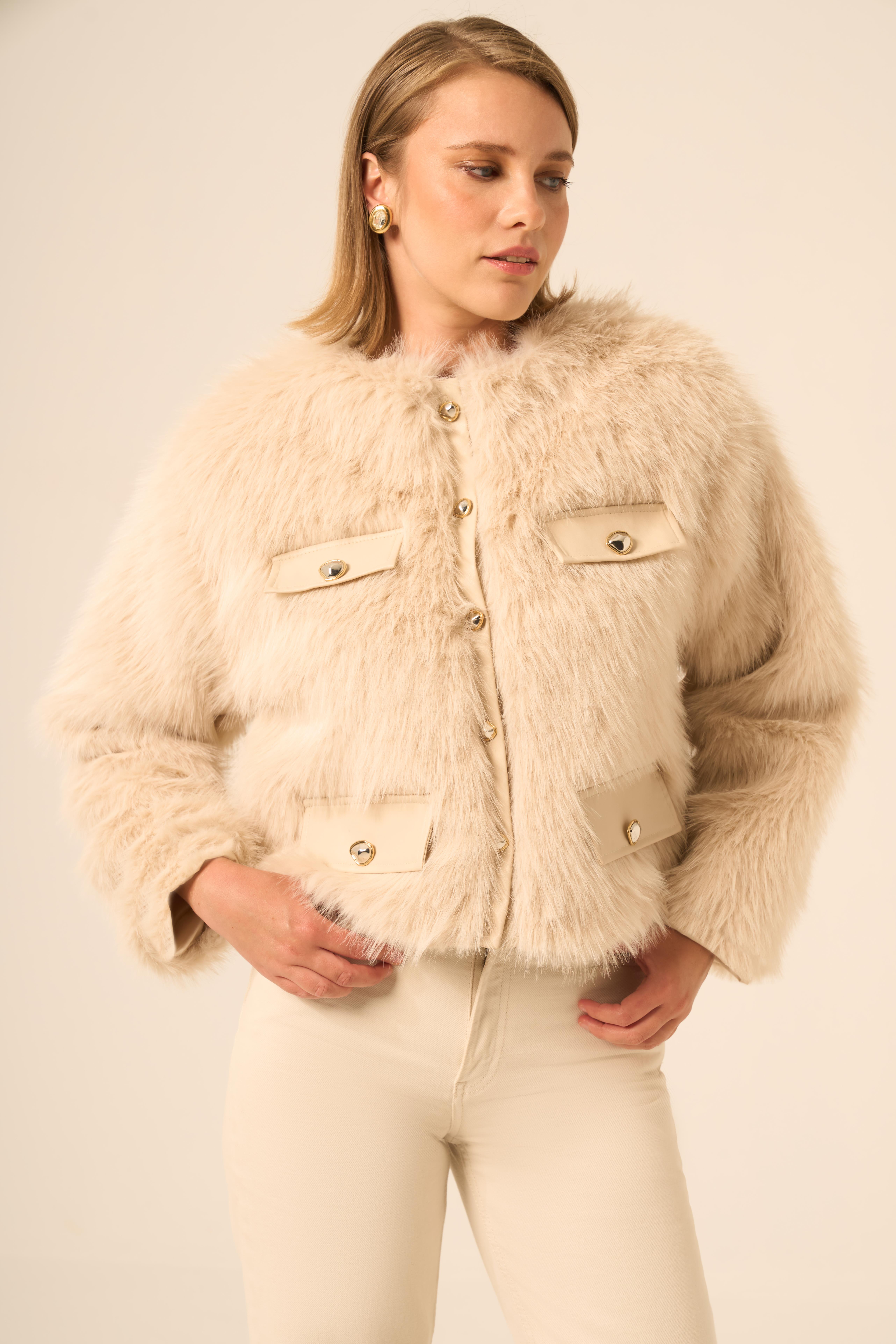 Firoy Kadın Peluş Mont  Beige