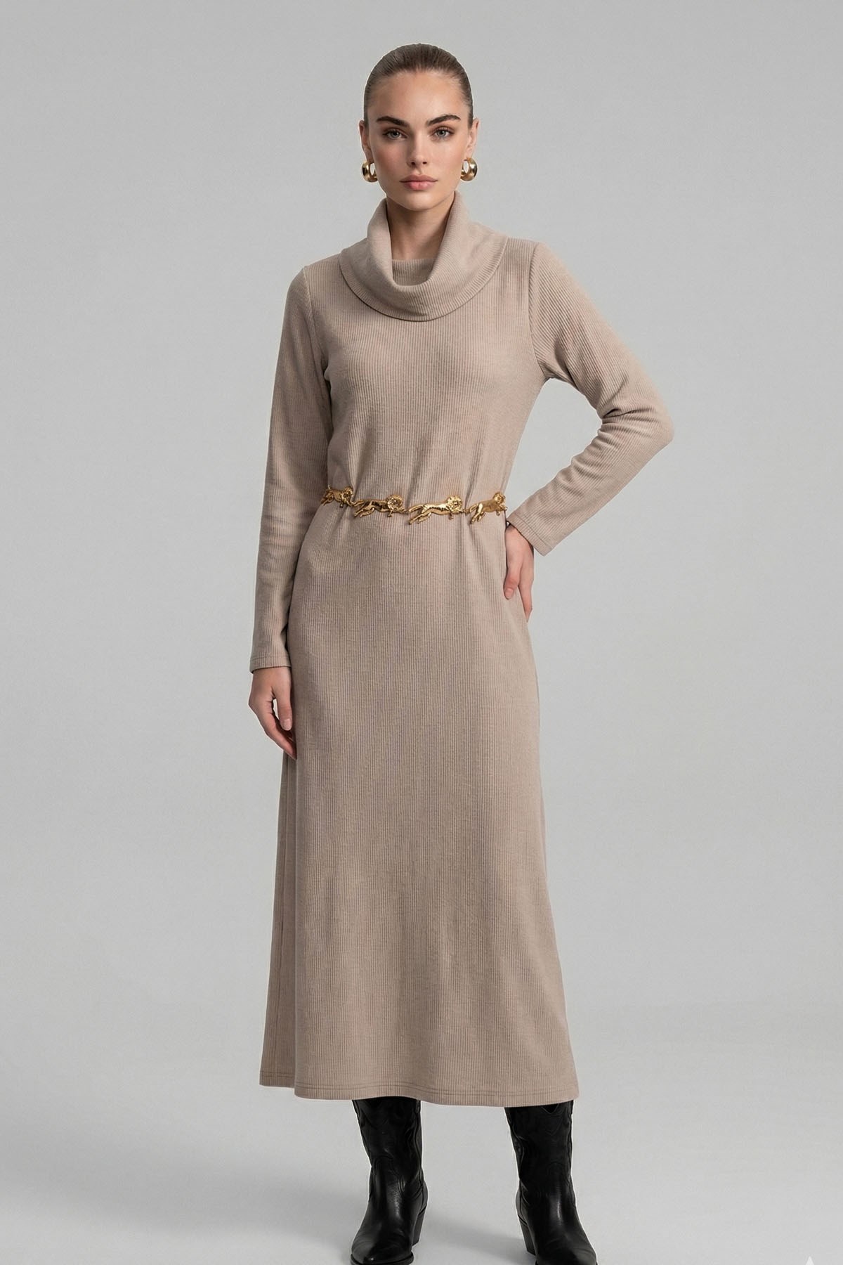 Firoy Kadın Ribana Elbise  Beige