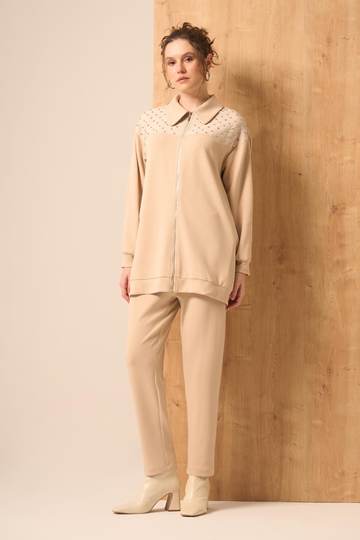 Firoy Kadın Taşlı Takım  Beige
