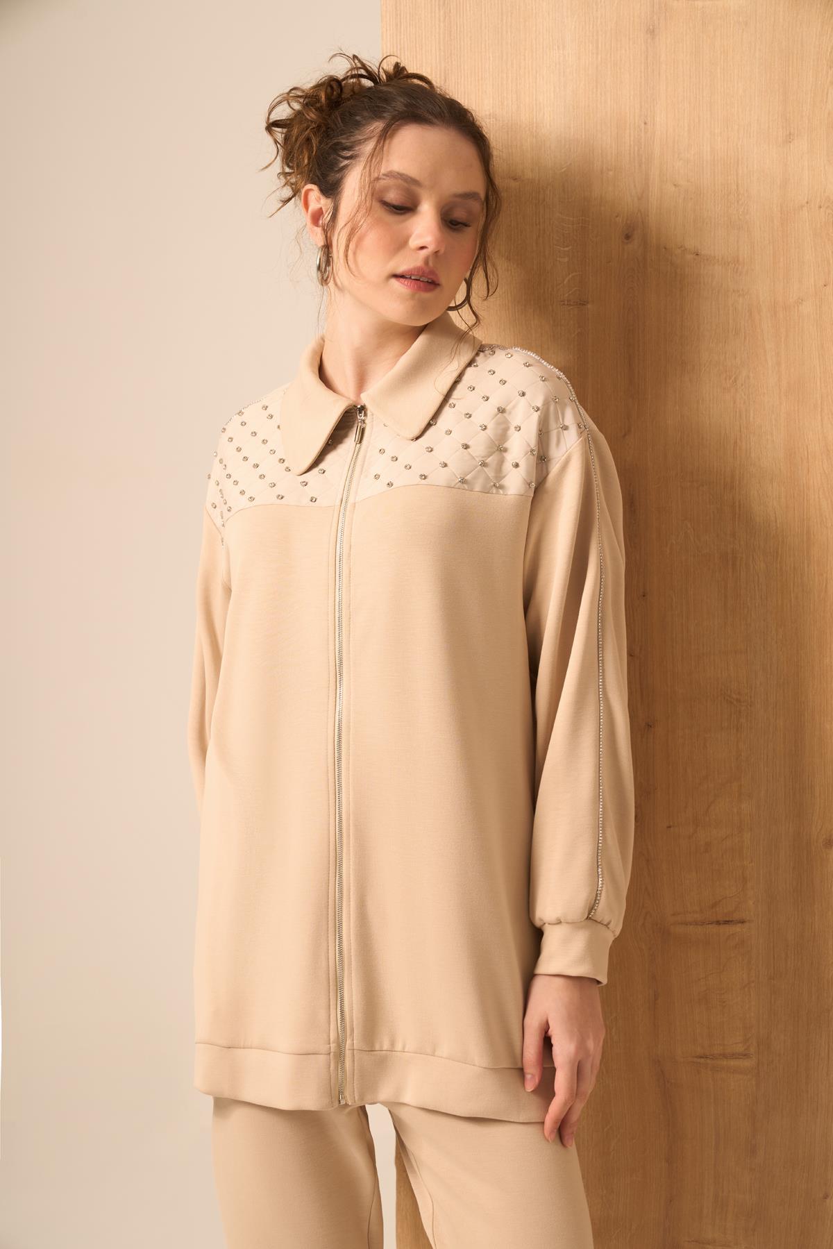 Firoy Kadın Taşlı Takım  Beige