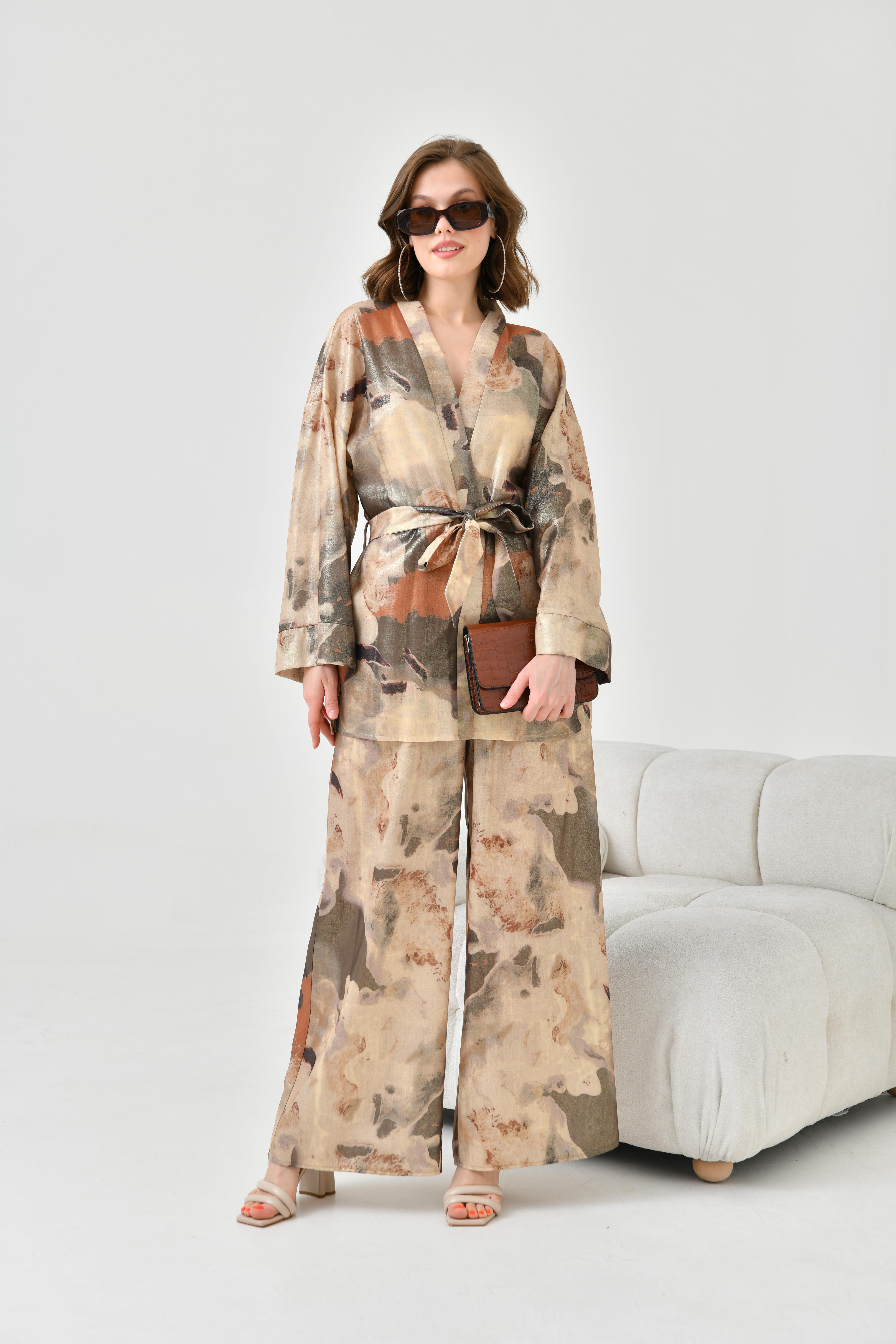 Firoy Kadın Varak Detay Kimono Takım  Kiremit
