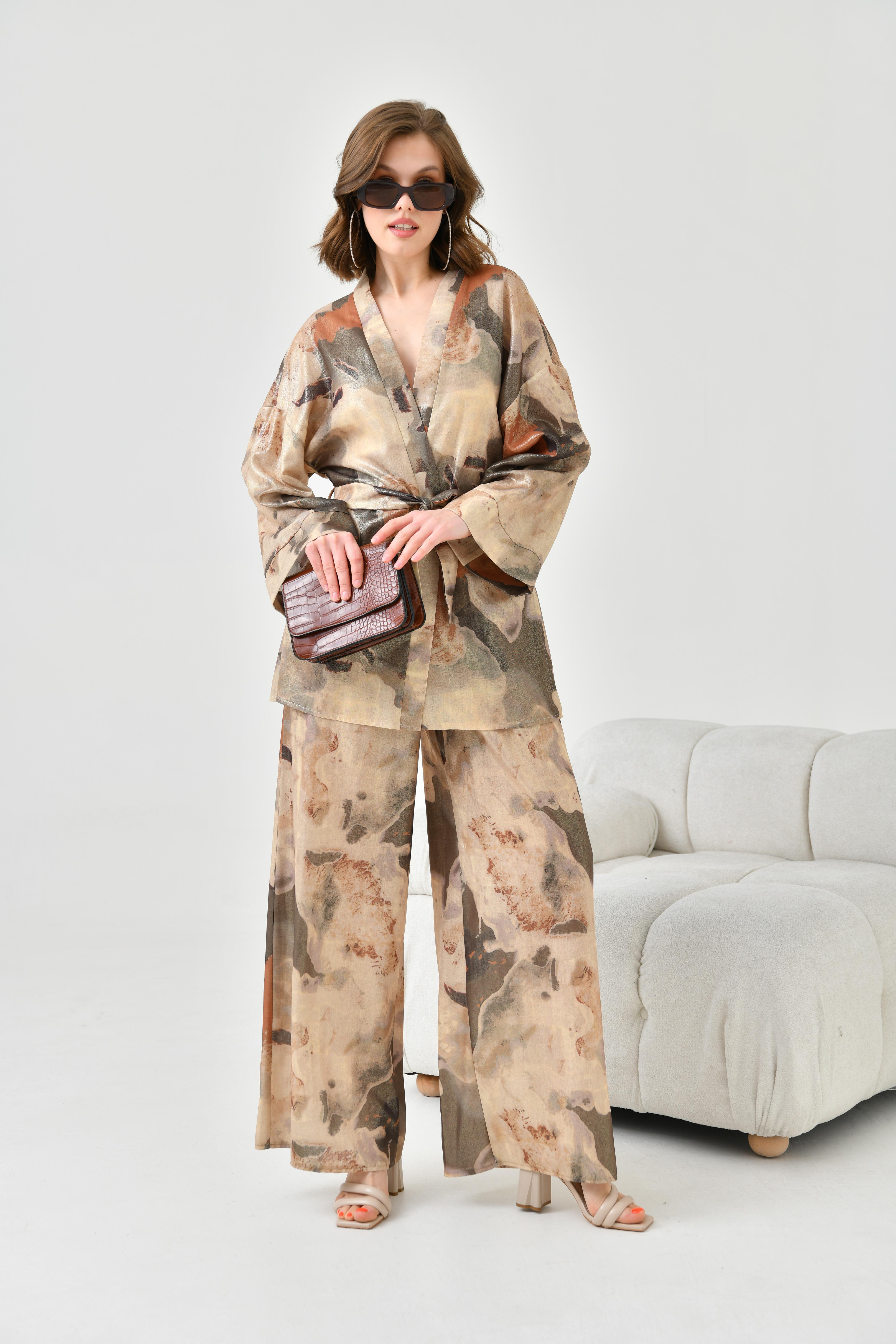 Firoy Kadın Varak Detay Kimono Takım  Kiremit