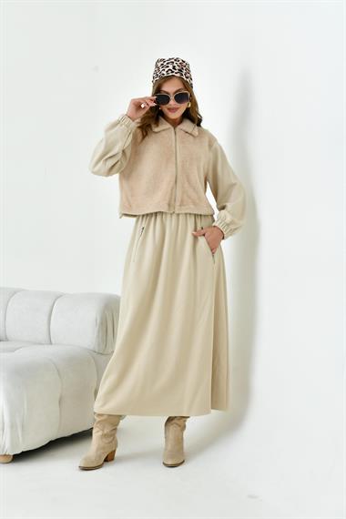 Firoy Kadın Angora Etekli Takım  Beige