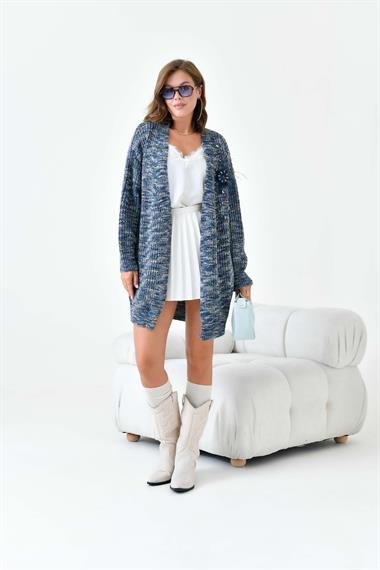 Firoy Kadın Broş Detaylı Hırka  İndigo