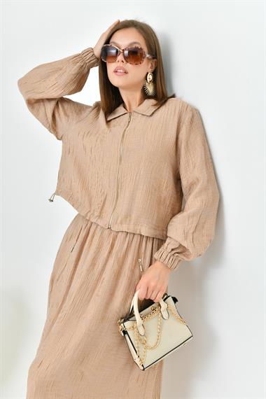Firoy Kadın Craş Keten Takım  Beige