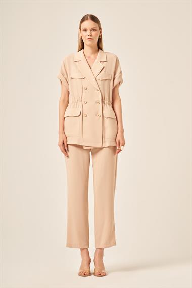 Firoy Kadın Crep Pantolonlu Takım  Beige