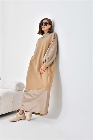 Firoy Kadın Deri Detaylı Elbise  Beige