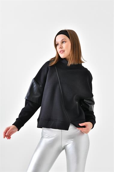 Firoy Kadın Deri Detaylı Sweatshırt  Siyah