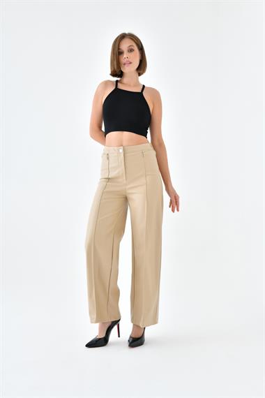 Firoy Kadın Deri Pantolon  Beige