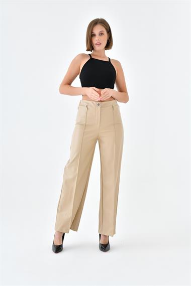 Firoy Kadın Deri Pantolon  Beige