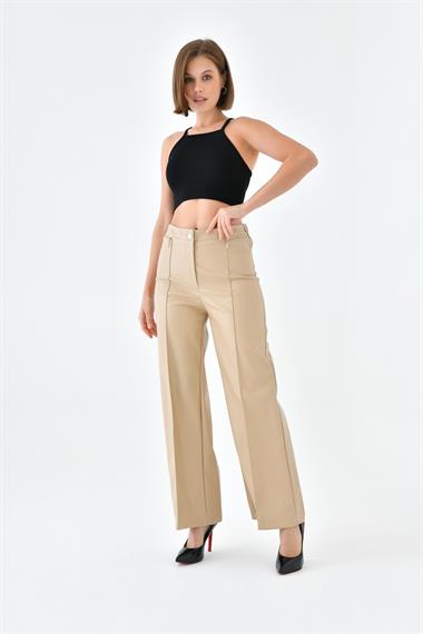 Firoy Kadın Deri Pantolon  Beige
