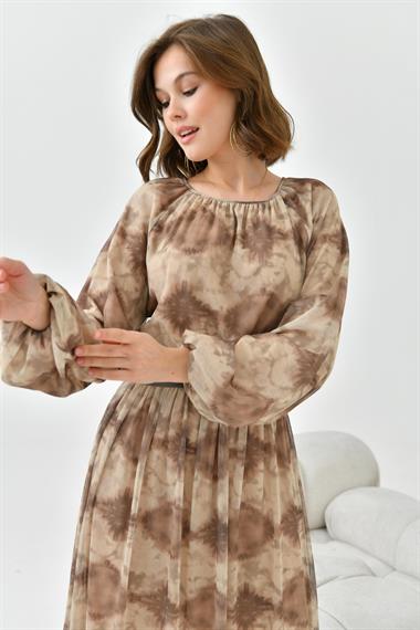 Firoy Kadın Desenli Tül Elbise  Beige
