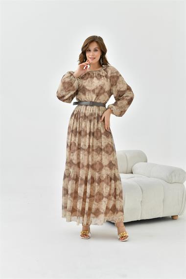 Firoy Kadın Desenli Tül Elbise  Beige