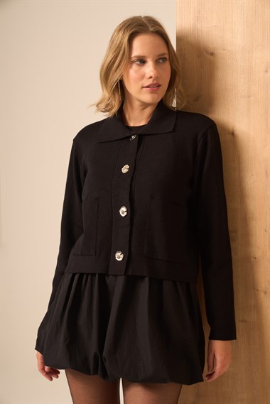 Firoy Kadın Düğme Detay Hırka  Siyah