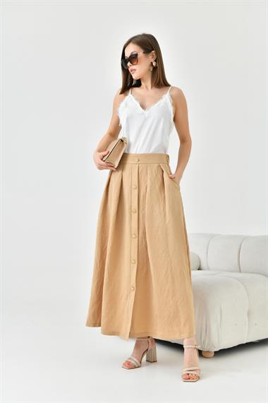 Firoy Kadın Düğmeli Etek  Beige