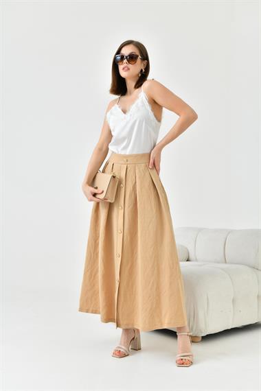 Firoy Kadın Düğmeli Etek  Beige
