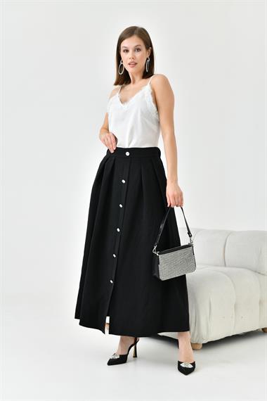 Firoy Kadın Düğmeli Etek  Siyah