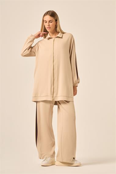 Firoy Kadın Kol Detaylı Pantolonlu Takım  Beige