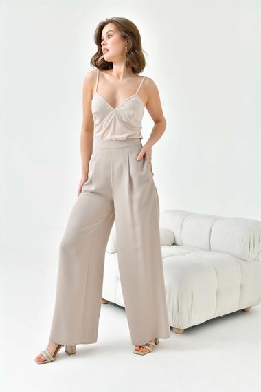 Firoy Kadın Lastikli Pantolon  Beige