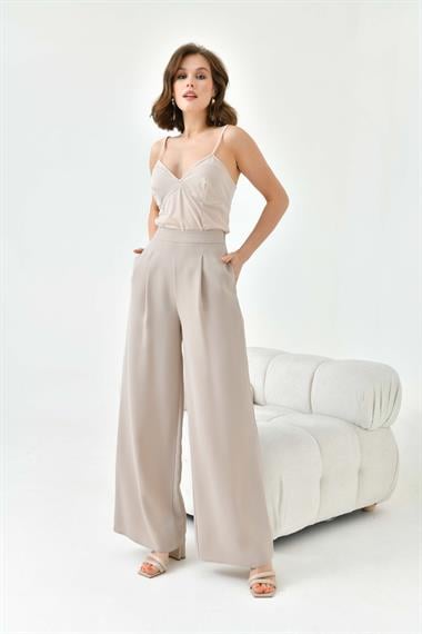 Firoy Kadın Lastikli Pantolon  Beige