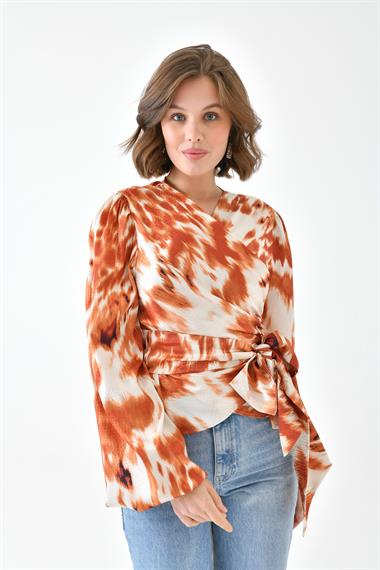 Firoy Kadın Leopar Desenli Bluz  Orange