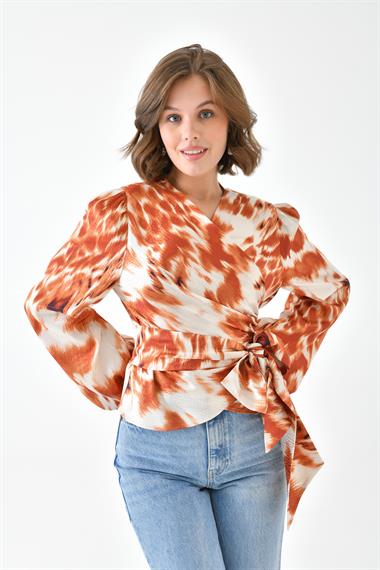 Firoy Kadın Leopar Desenli Bluz  Orange