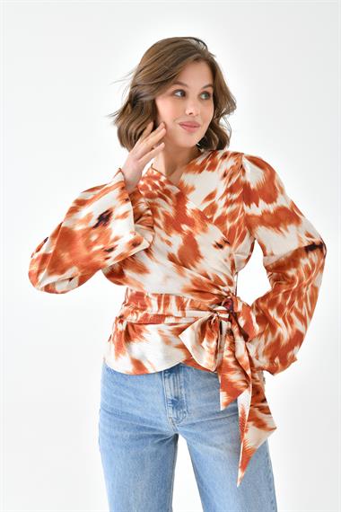 Firoy Kadın Leopar Desenli Bluz  Orange
