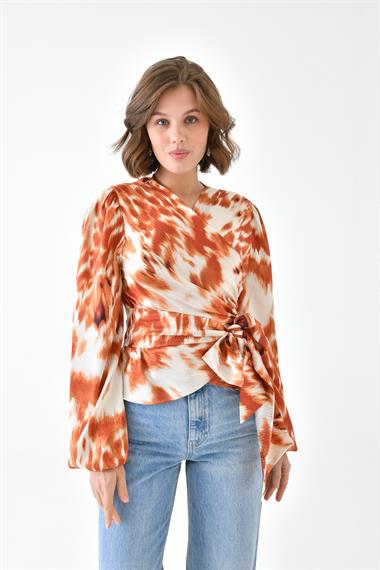 Firoy Kadın Leopar Desenli Bluz  Orange