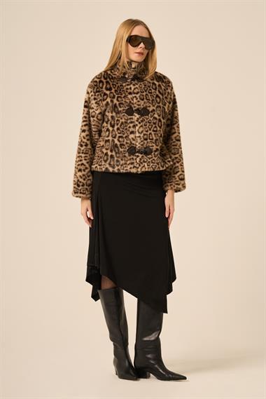Firoy Kadın Leopar Kısa Kaban  Beige