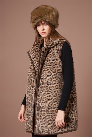 Firoy Kadın Leopar Yelek  Beige