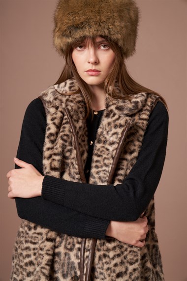 Firoy Kadın Leopar Yelek  Beige