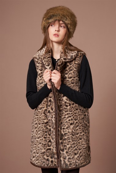 Firoy Kadın Leopar Yelek  Beige