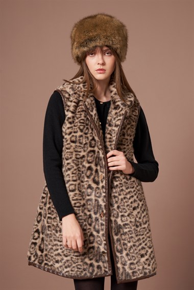 Firoy Kadın Leopar Yelek  Beige