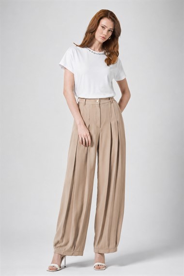 Firoy Kadın Ön Pliseli Şalvar Pantolon  Beige
