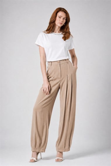 Firoy Kadın Ön Pliseli Şalvar Pantolon  Beige
