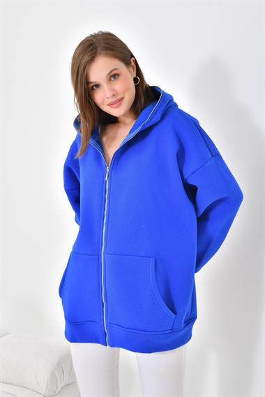 Firoy Kadın Oversize 3 İp Şardonlu Fermuarlı Sweatshırt  Saks Mavi