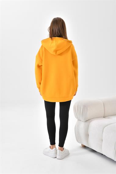 Firoy Kadın Oversize 3 İp Şardonlu Fermuarlı Sweatshırt  Hardal